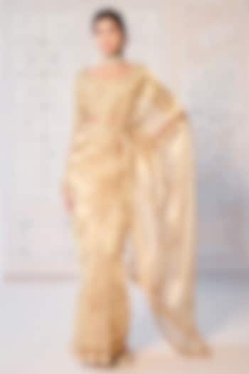 Gold Tissue Brocade Hand Block Printed Wedding Saree Set by Shyam Narayan Prasad at Pernia's Pop Up Shop