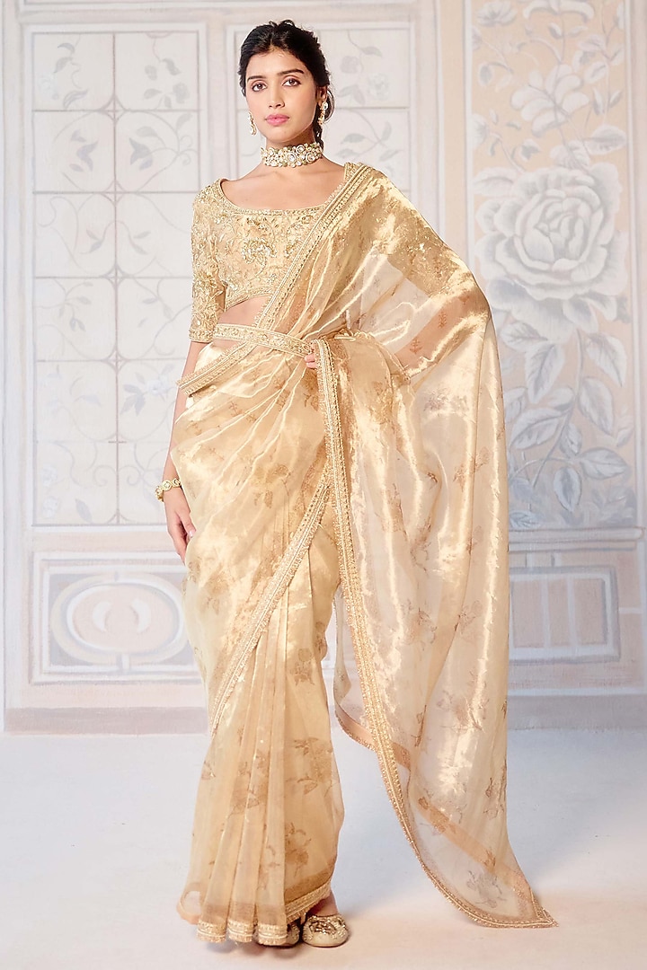 Gold Tissue Brocade Hand Block Printed Wedding Saree Set by Shyam Narayan Prasad at Pernia's Pop Up Shop