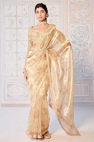 Gold Tissue Brocade Hand Block Printed Saree Set by Shyam Narayan Prasad