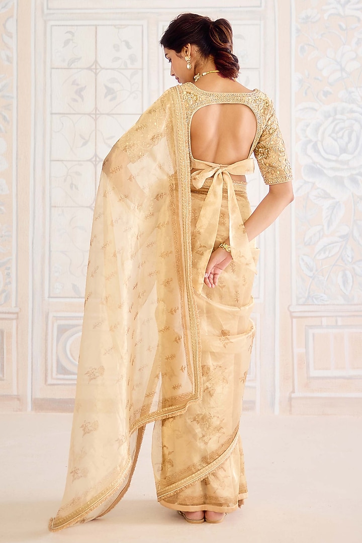 Gold Tissue Brocade Hand Block Printed Wedding Saree Set by Shyam Narayan Prasad at Pernia's Pop Up Shop