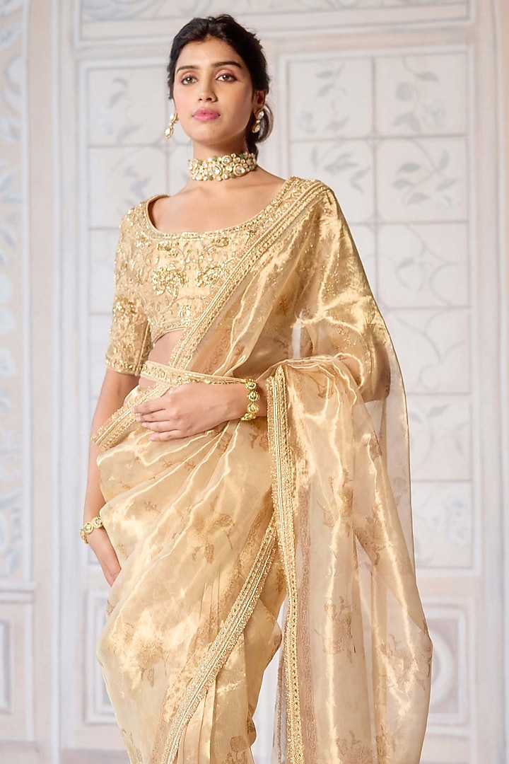 Gold Tissue Brocade Hand Block Printed Wedding Saree Set by Shyam Narayan Prasad at Pernia's Pop Up Shop