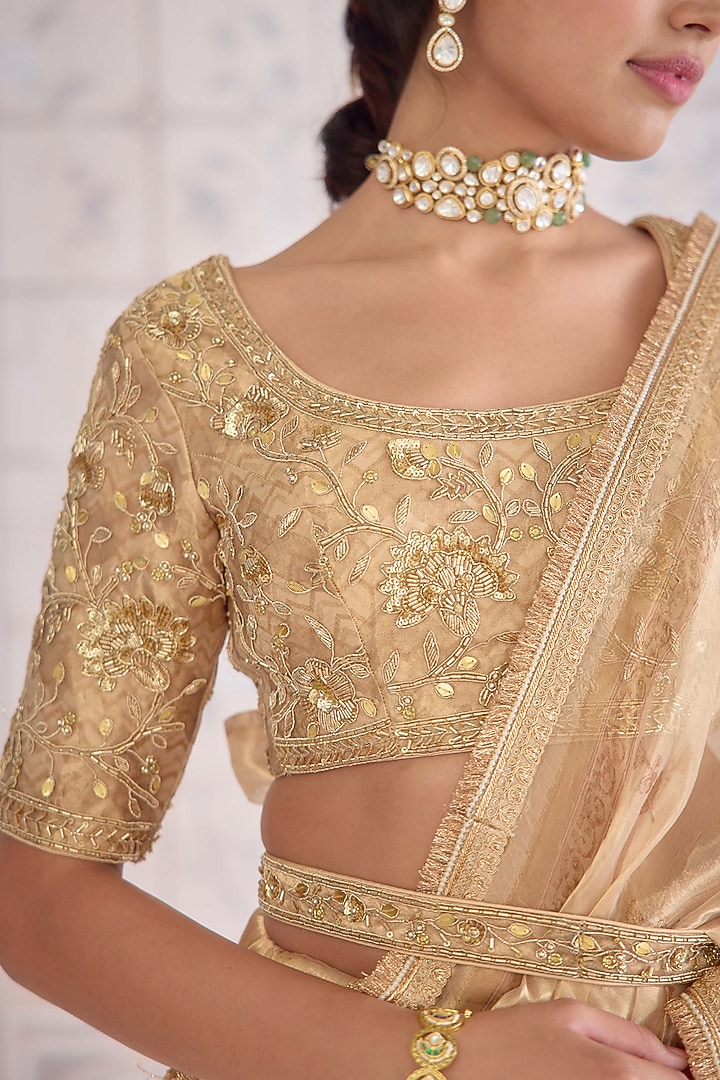 Gold Tissue Brocade Hand Block Printed Wedding Saree Set by Shyam Narayan Prasad at Pernia's Pop Up Shop