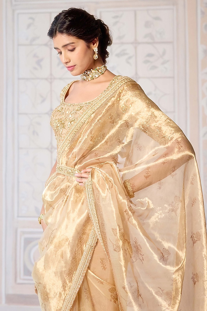 Gold Tissue Brocade Hand Block Printed Wedding Saree Set by Shyam Narayan Prasad at Pernia's Pop Up Shop