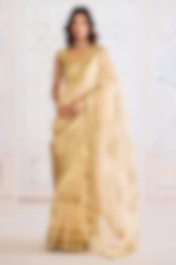 Gold Tissue Brocade Hand Block Printed Wedding Saree Set by Shyam Narayan Prasad at Pernia's Pop Up Shop