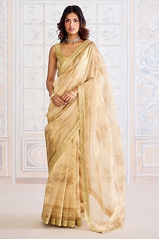 Gold Tissue Brocade Hand Block Printed Saree Set by Shyam Narayan Prasad