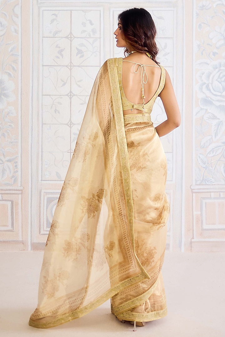 Gold Tissue Brocade Hand Block Printed Wedding Saree Set by Shyam Narayan Prasad at Pernia's Pop Up Shop