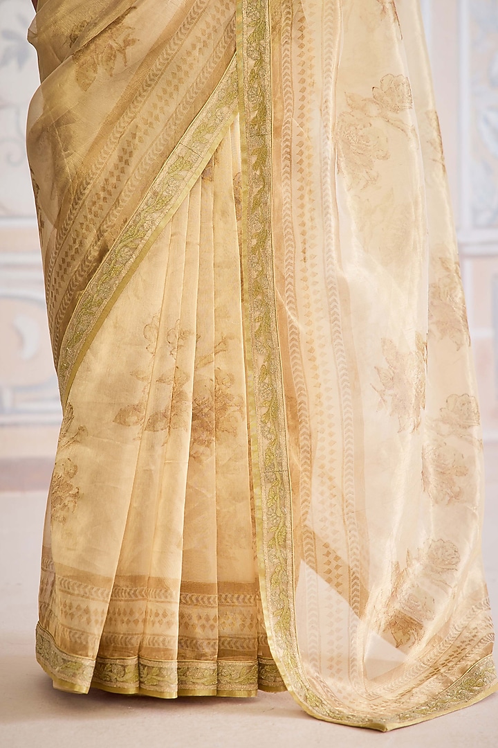 Gold Tissue Brocade Hand Block Printed Wedding Saree Set by Shyam Narayan Prasad at Pernia's Pop Up Shop