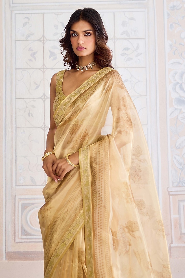 Gold Tissue Brocade Hand Block Printed Wedding Saree Set by Shyam Narayan Prasad at Pernia's Pop Up Shop