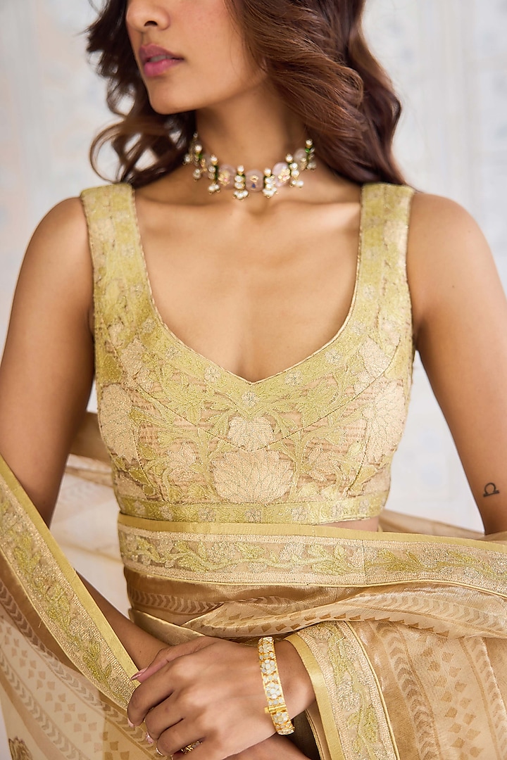 Gold Tissue Brocade Hand Block Printed Wedding Saree Set by Shyam Narayan Prasad at Pernia's Pop Up Shop