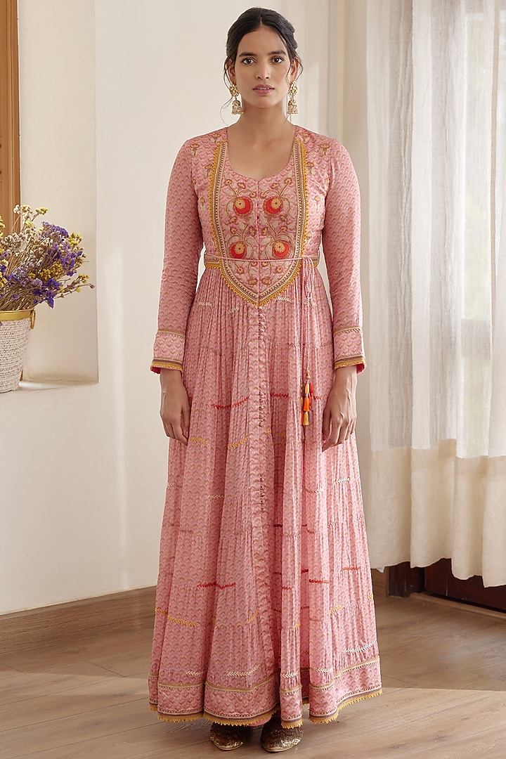 Rose Pink Embroidered Wedding Anarkali Set by Shyam Narayan Prasad at Pernia's Pop Up Shop