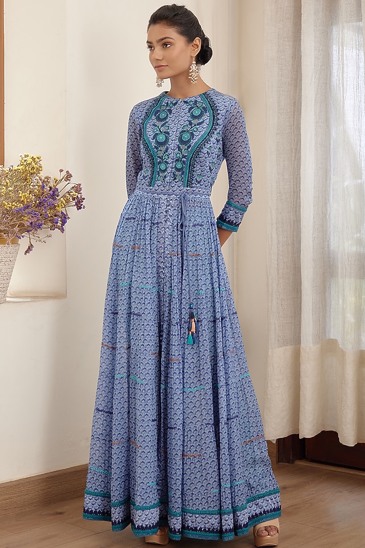 Blue Embroidered Wedding Anarkali Set by Shyam Narayan Prasad at Pernia's Pop Up Shop