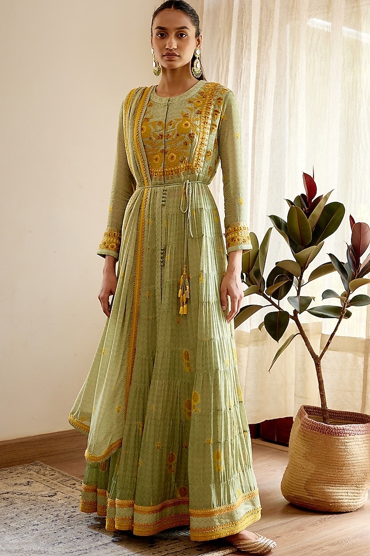 Neutral Green Embroidered Wedding Anarkali Set by Shyam Narayan Prasad at Pernia's Pop Up Shop