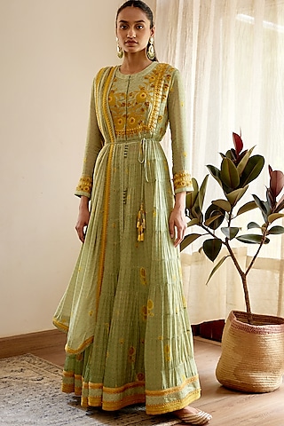 Neutral Green Embroidered Anarkali Set by Shyam Narayan Prasad