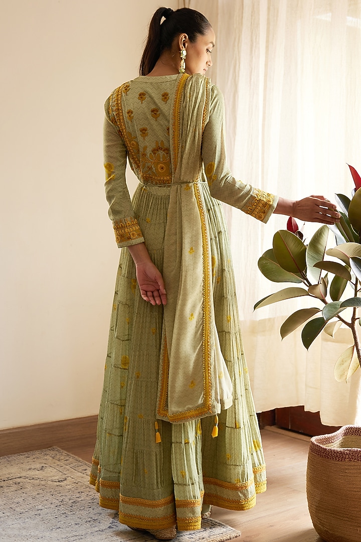 Neutral Green Embroidered Wedding Anarkali Set by Shyam Narayan Prasad at Pernia's Pop Up Shop