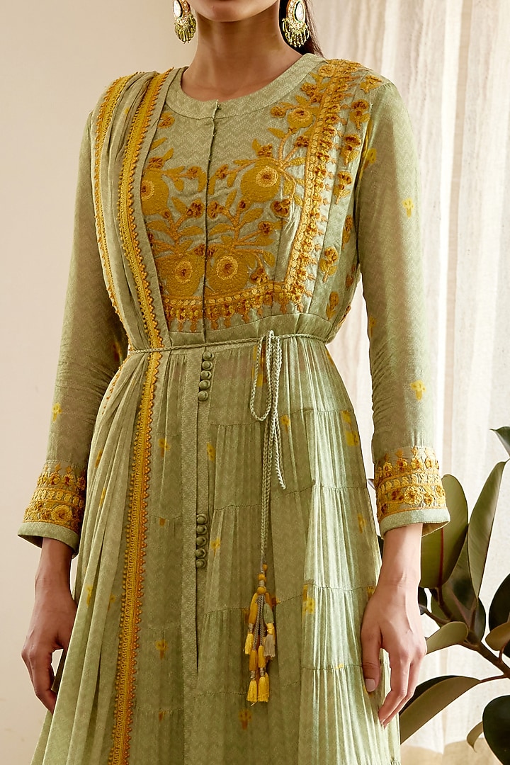 Neutral Green Embroidered Wedding Anarkali Set by Shyam Narayan Prasad at Pernia's Pop Up Shop