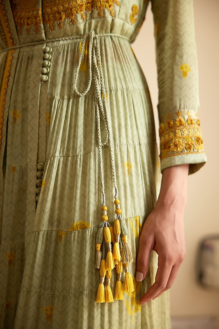 Neutral Green Embroidered Wedding Anarkali Set by Shyam Narayan Prasad at Pernia's Pop Up Shop
