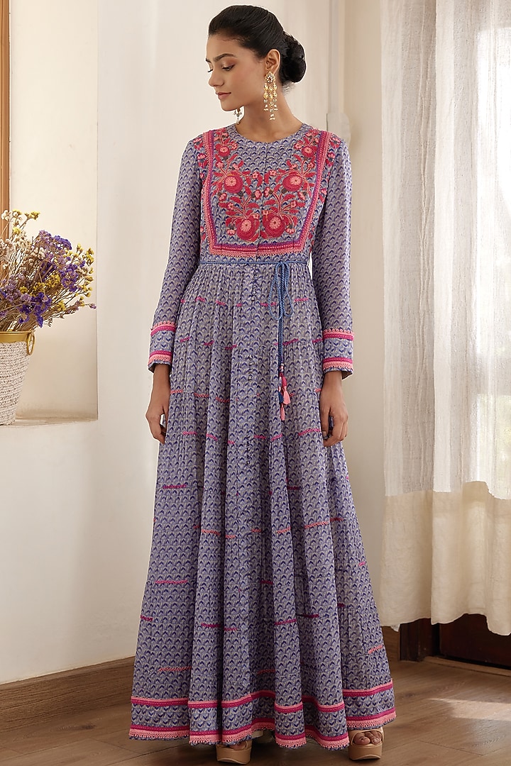 Blue Embroidered Wedding Anarkali Set by Shyam Narayan Prasad at Pernia's Pop Up Shop