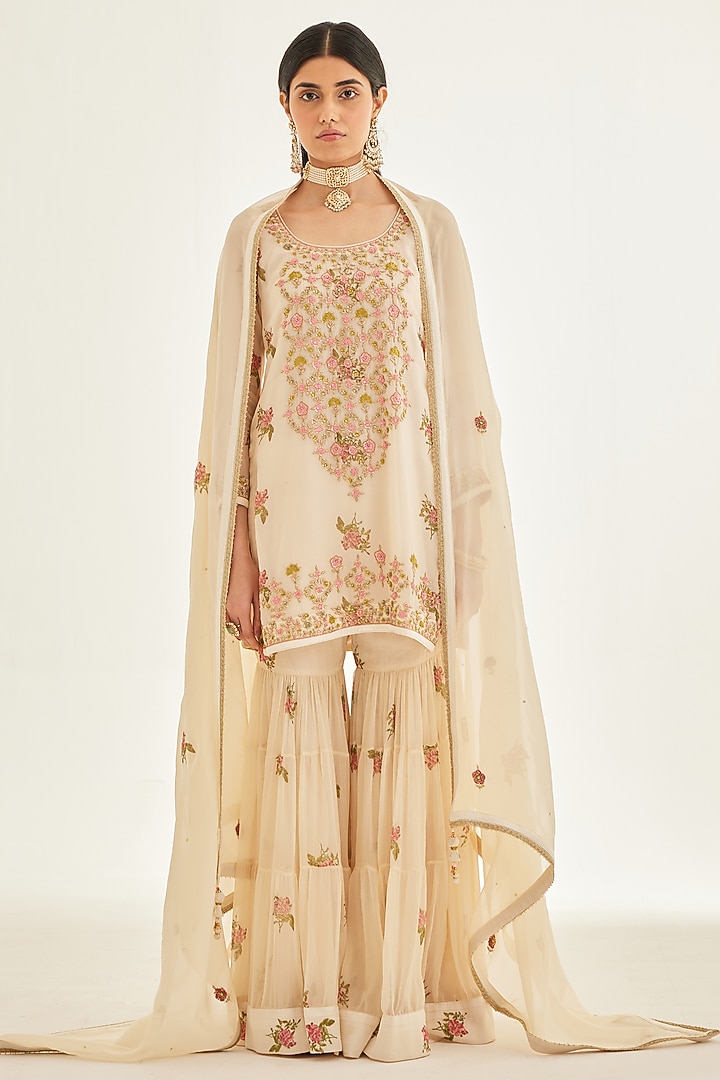 Papyrus White Organza Embroidered Wedding Sharara Set by Shyam Narayan Prasad at Pernia's Pop Up Shop