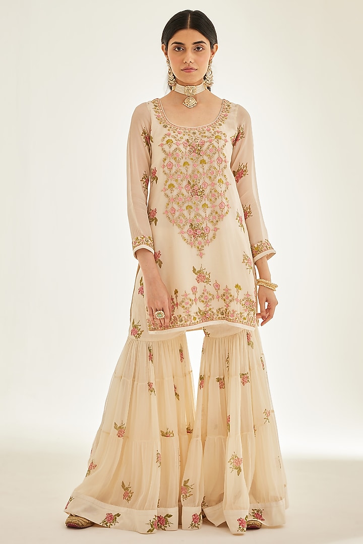 Papyrus White Organza Embroidered Wedding Sharara Set by Shyam Narayan Prasad at Pernia's Pop Up Shop