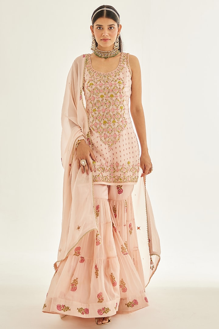 Shell Pink Organza Embroidered Sharara Set by Shyam Narayan Prasad at Pernia's Pop Up Shop