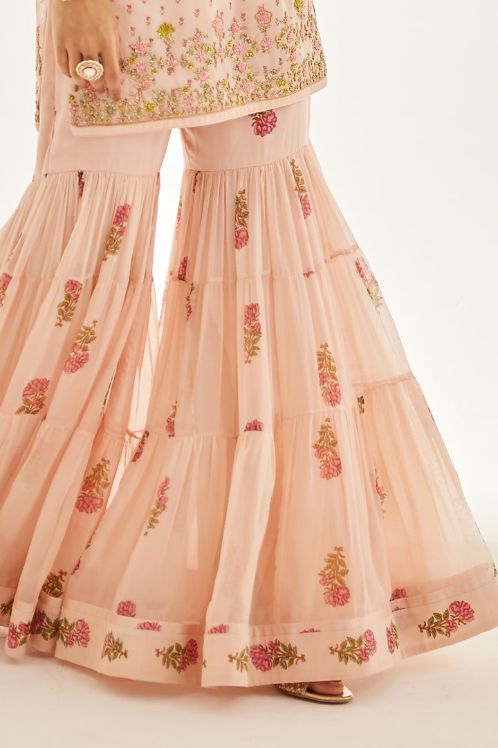 Shell Pink Organza Embroidered Wedding Sharara Set by Shyam Narayan Prasad at Pernia's Pop Up Shop