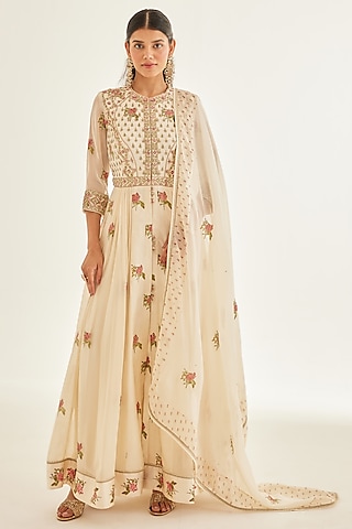 Papyrus White Zardosi Hand Embroidered Anarkali Set by Shyam Narayan Prasad