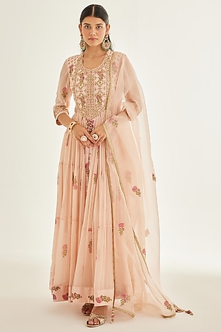 Shell Pink Zardosi Hand Embroidered Anarkali Set by Shyam Narayan Prasad