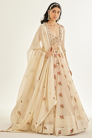 Papyrus White Printed & Embroidered Angrakha Set by Shyam Narayan Prasad