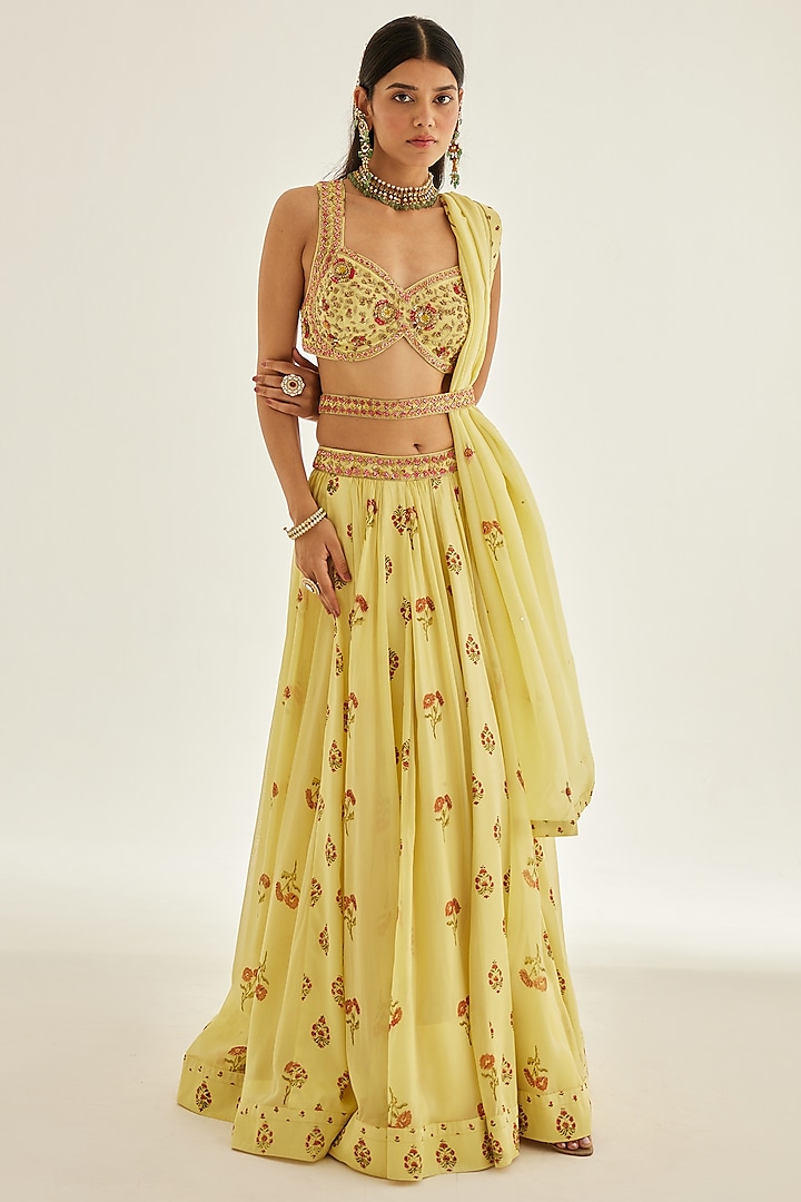 Sunshine Yellow Chiffon Embroidered Wedding Lehenga Set by Shyam Narayan Prasad at Pernia's Pop Up Shop