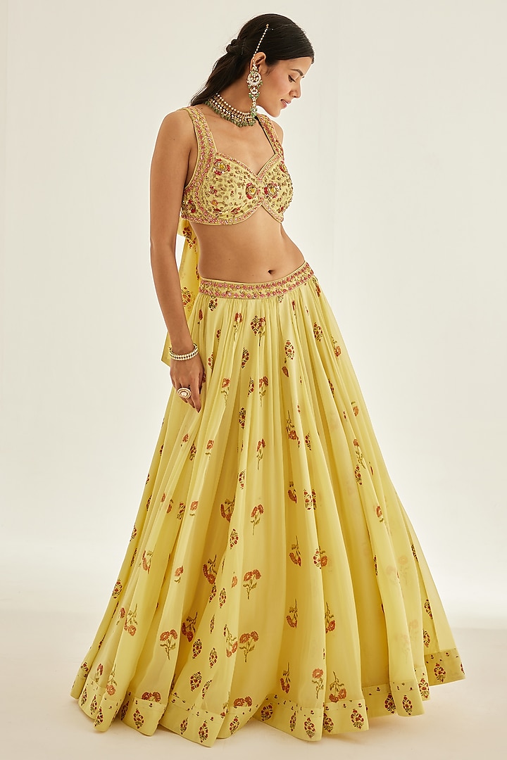 Sunshine Yellow Chiffon Embroidered Wedding Lehenga Set by Shyam Narayan Prasad at Pernia's Pop Up Shop