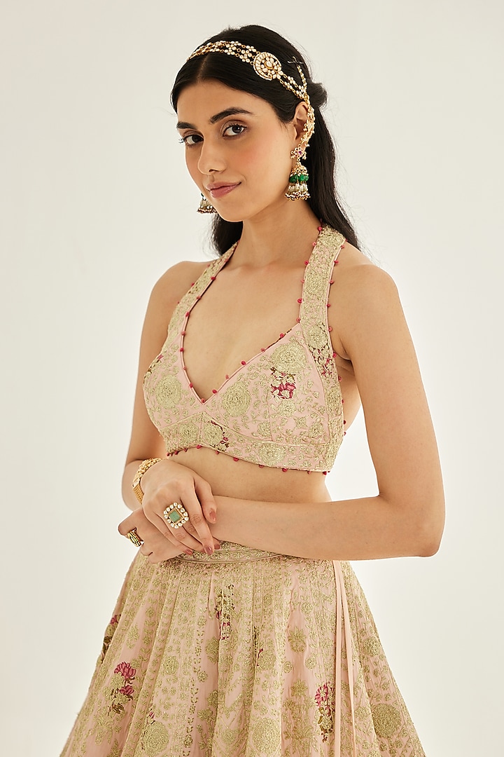 Gold Raw Silk Embroidered Wedding Lehenga Set by Shyam Narayan Prasad at Pernia's Pop Up Shop