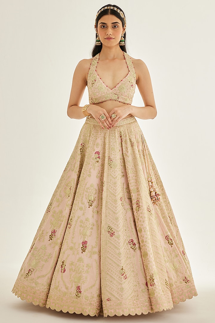 Gold Raw Silk Embroidered Wedding Lehenga Set by Shyam Narayan Prasad at Pernia's Pop Up Shop