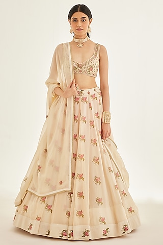 Papyrus White Embroidered Multi-Paneled Lehenga Set by Shyam Narayan Prasad