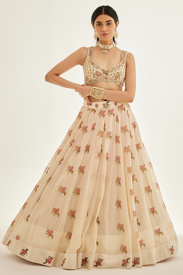 Papyrus White Embroidered Multi-Paneled Wedding Lehenga Set by Shyam Narayan Prasad at Pernia's Pop Up Shop