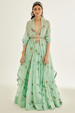 Plume Blue Chiffon Embroidered Lehenga Set by Shyam Narayan Prasad