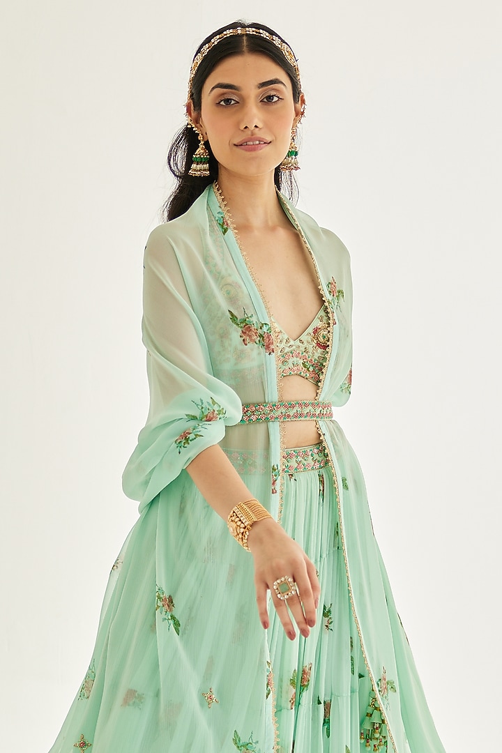 Plume Blue Chiffon Embroidered Wedding Lehenga Set by Shyam Narayan Prasad at Pernia's Pop Up Shop