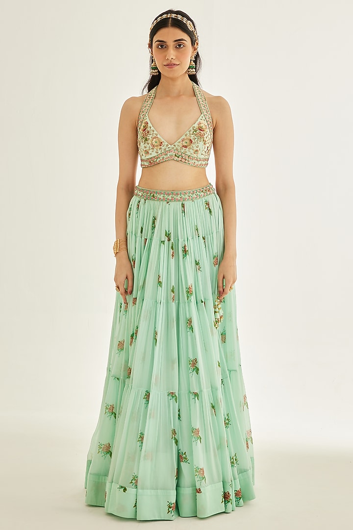 Plume Blue Chiffon Embroidered Wedding Lehenga Set by Shyam Narayan Prasad at Pernia's Pop Up Shop