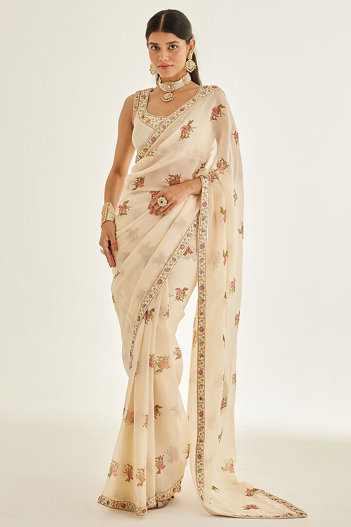 Papyrus White Organza Embroidered Wedding Saree Set by Shyam Narayan Prasad at Pernia's Pop Up Shop