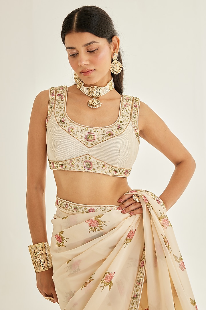 Papyrus White Organza Embroidered Wedding Saree Set by Shyam Narayan Prasad at Pernia's Pop Up Shop