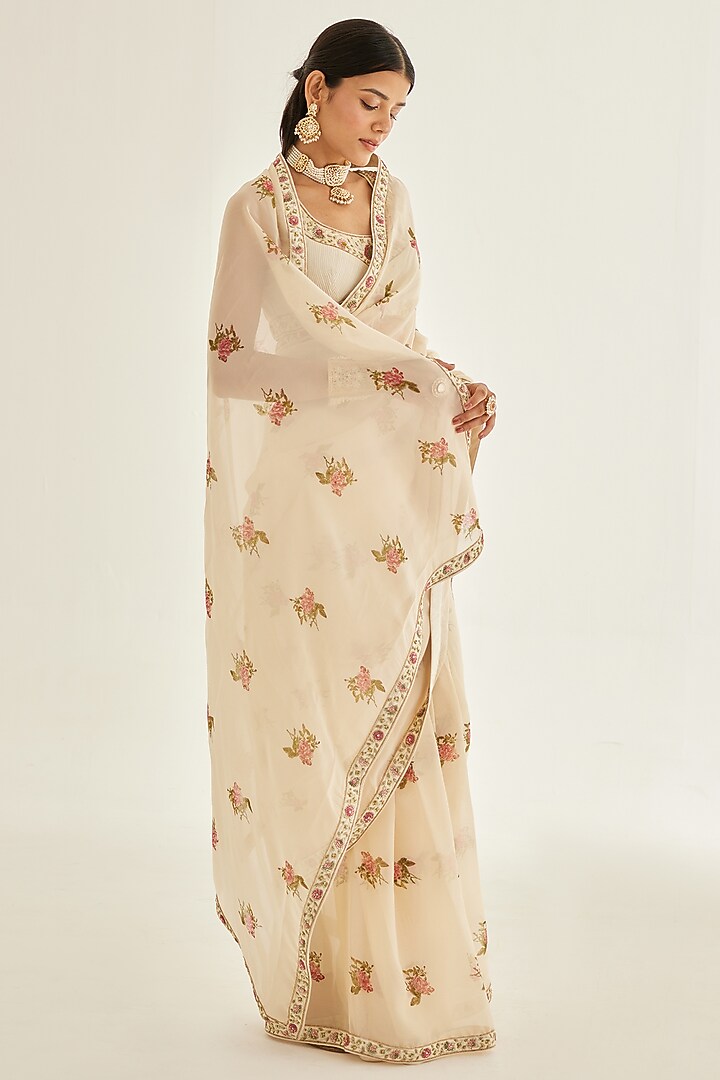 Papyrus White Organza Embroidered Wedding Saree Set by Shyam Narayan Prasad at Pernia's Pop Up Shop