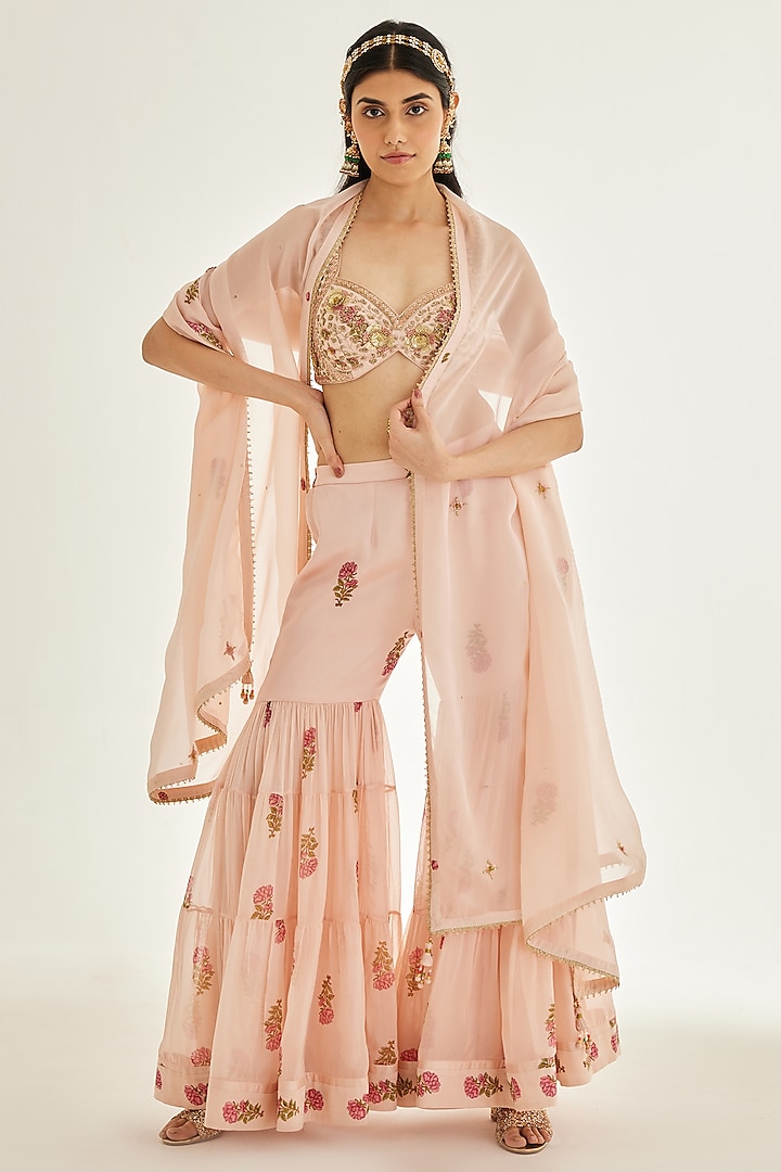 Shell Pink Chiffon Embroidered Sharara Set by Shyam Narayan Prasad at Pernia's Pop Up Shop