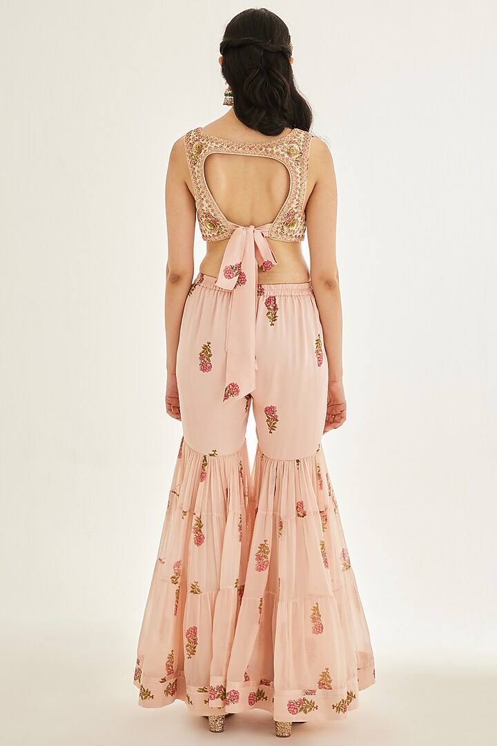 Shell Pink Chiffon Embroidered Wedding Sharara Set by Shyam Narayan Prasad at Pernia's Pop Up Shop
