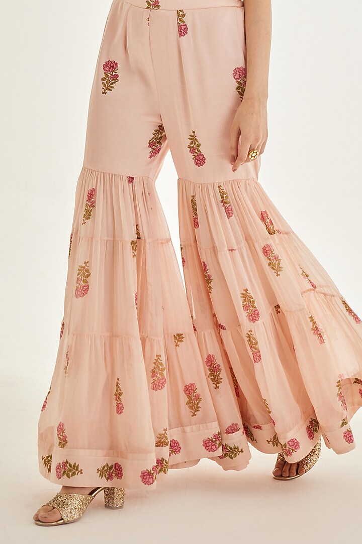 Shell Pink Chiffon Embroidered Wedding Sharara Set by Shyam Narayan Prasad at Pernia's Pop Up Shop
