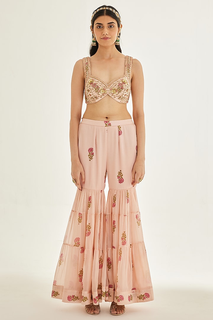 Shell Pink Chiffon Embroidered Wedding Sharara Set by Shyam Narayan Prasad at Pernia's Pop Up Shop