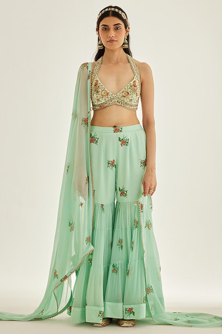 Plume Blue Chiffon Embroidered Wedding Sharara Set by Shyam Narayan Prasad at Pernia's Pop Up Shop