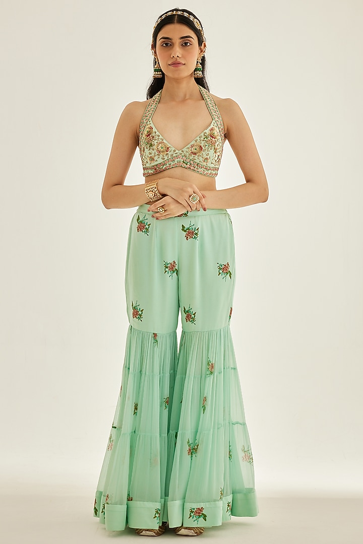 Plume Blue Chiffon Embroidered Wedding Sharara Set by Shyam Narayan Prasad at Pernia's Pop Up Shop