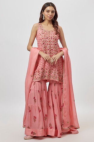 Candy Pink Chiffon Hand Block Printed Sharara Set by Shyam Narayan Prasad