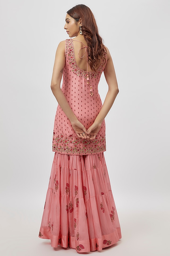 Candy Pink Chiffon Hand Block Printed Wedding Sharara Set by Shyam Narayan Prasad at Pernia's Pop Up Shop