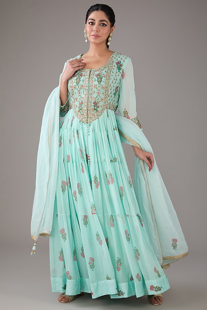 Blue Modal Satin & Chiffon Handblock Printed & Zardosi Embroidered Anarkali Set by Shyam Narayan Prasad at Pernia's Pop Up Shop