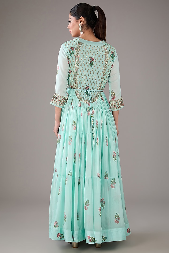 Blue Modal Satin & Chiffon Handblock Printed & Zardosi Embroidered Wedding Anarkali Set by Shyam Narayan Prasad at Pernia's Pop Up Shop
